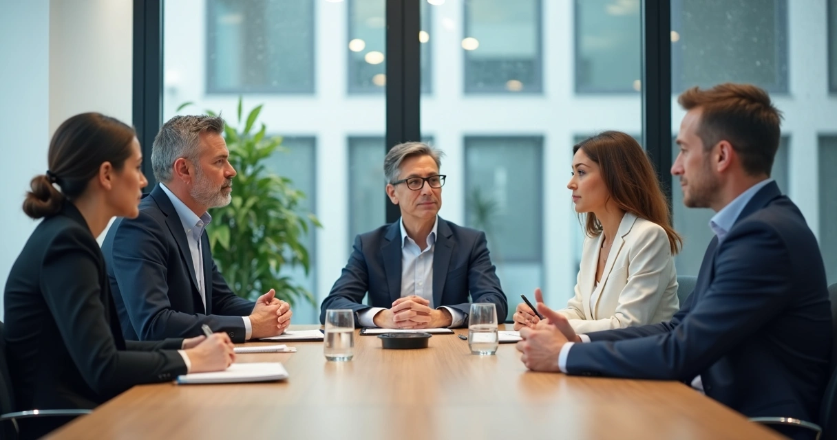 Equipe em reunião com escuta atenta e ambiente corporativo sereno