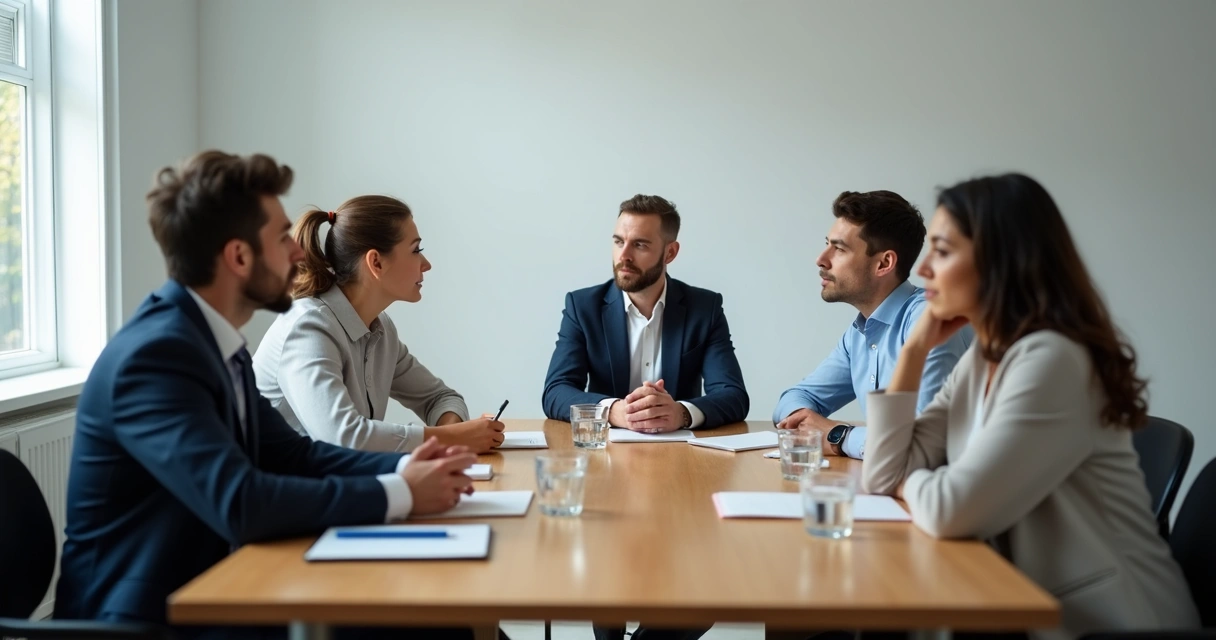 Equipe em reunião com escuta atenta e anotações 