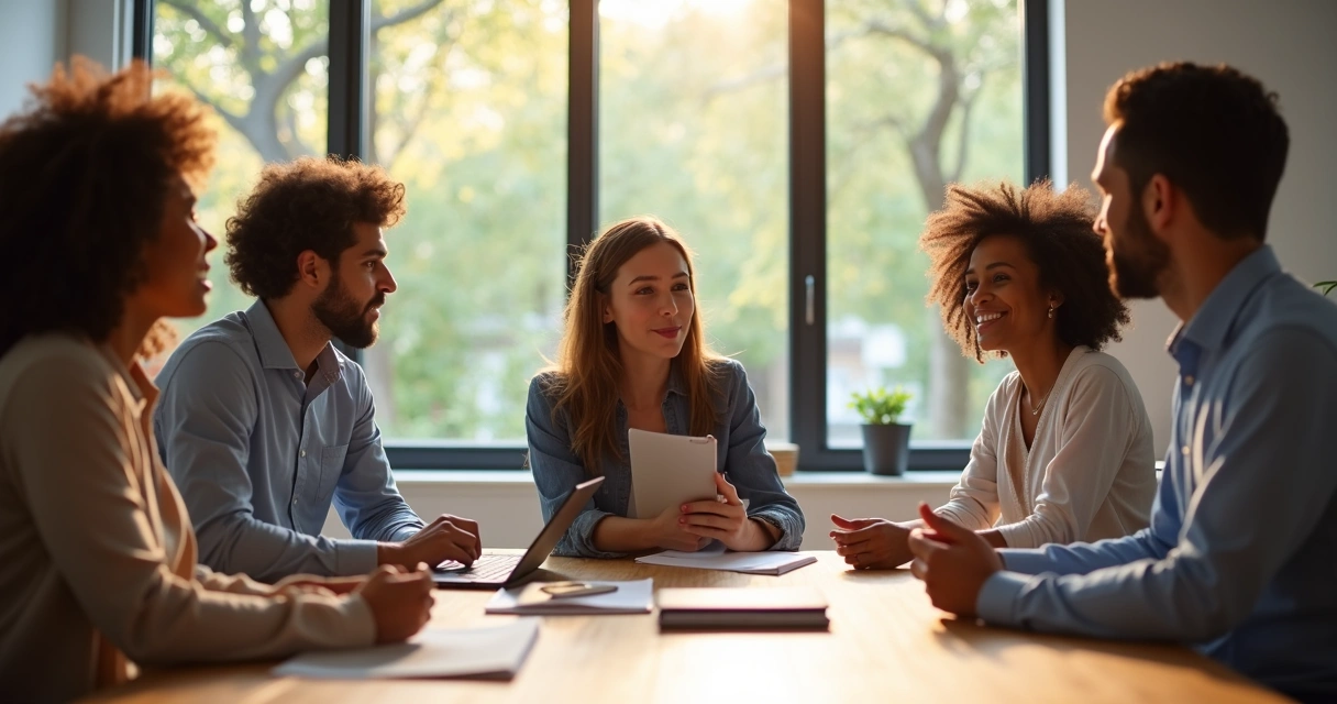 Pessoas em reunião praticando escuta ativa em volta de uma mesa