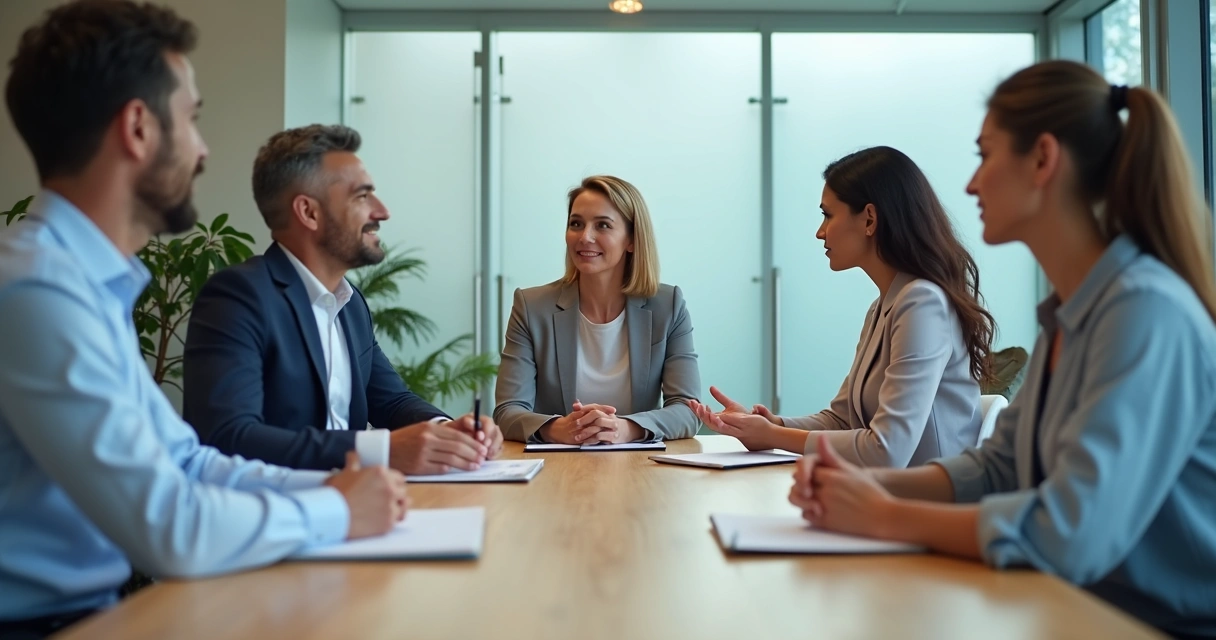 Equipe em reunião com escuta ativa e colaboração 