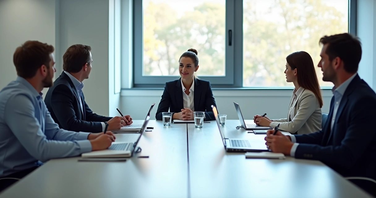 Equipe reunida ouvindo uma colega falar com atenção