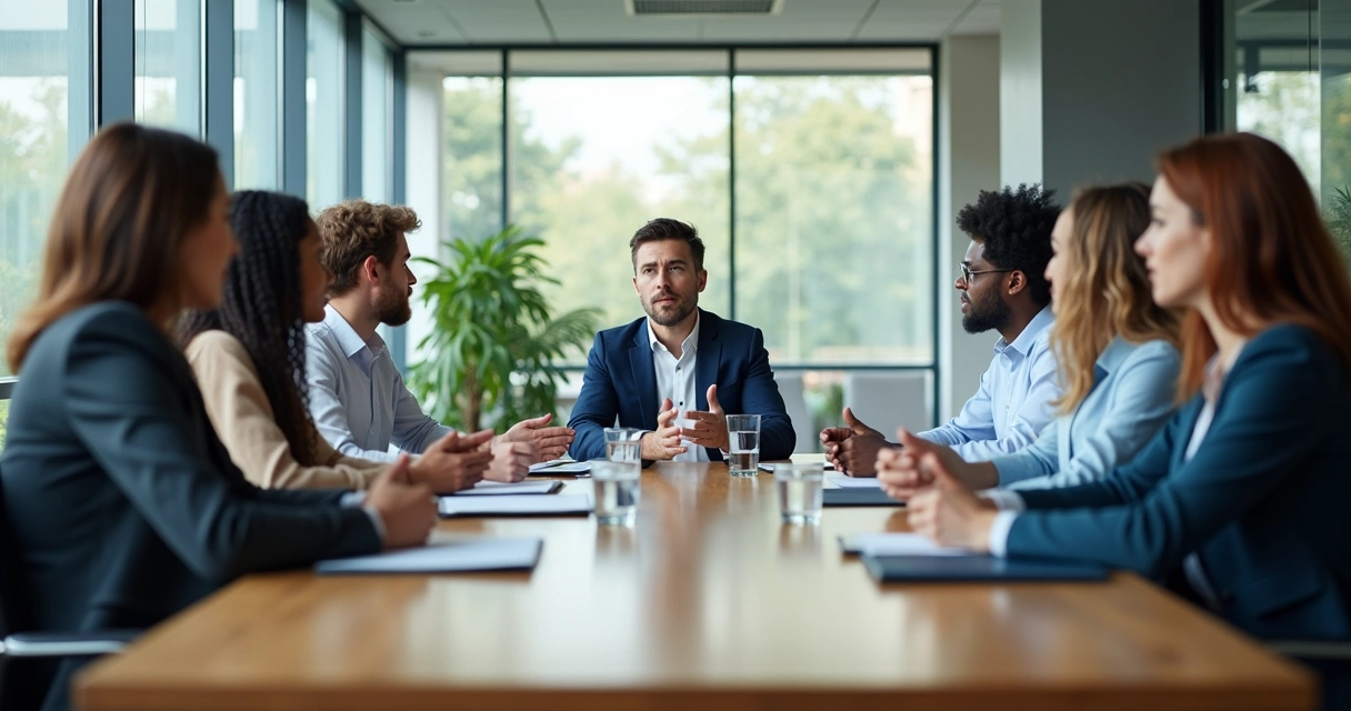 Equipe reunida praticando escuta ativa em uma sala de reunião 