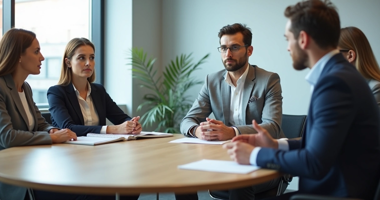 Grupo em reunião com escuta ativa e diálogo respeitoso 
