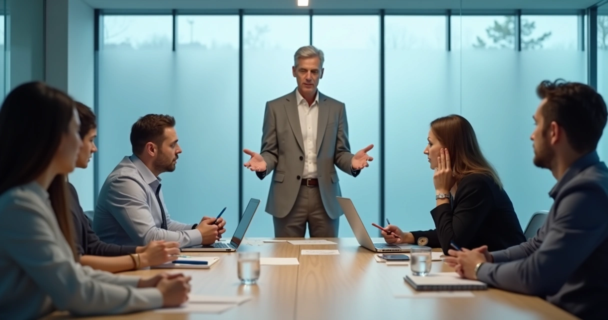Líder praticando escuta ativa em reunião difícil com equipe em sala de reunião moderna 