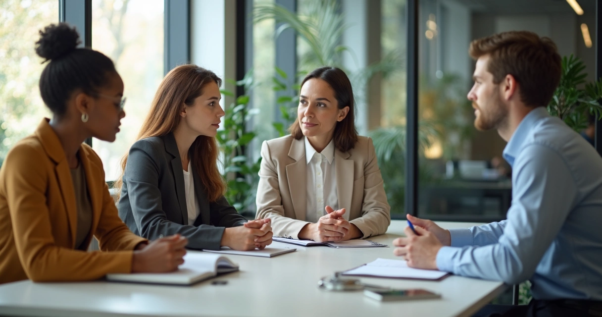 Líder ouvindo equipe em reunião tranquila