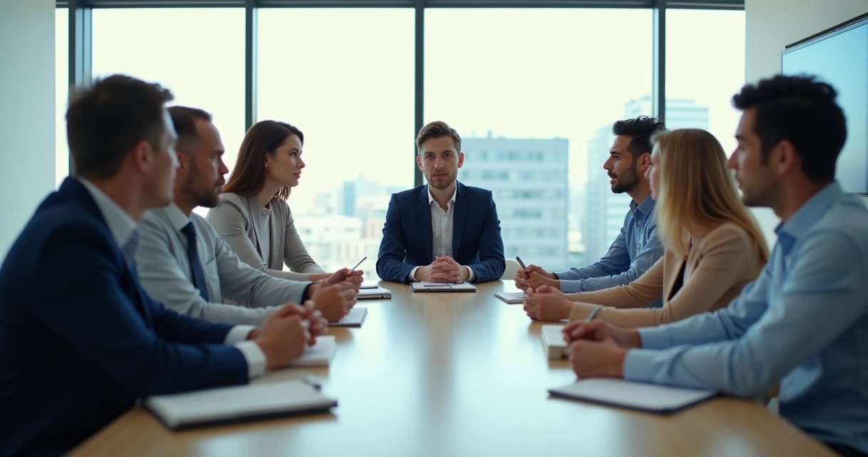 Equipe em reunião com escuta ativa e clima respeitoso