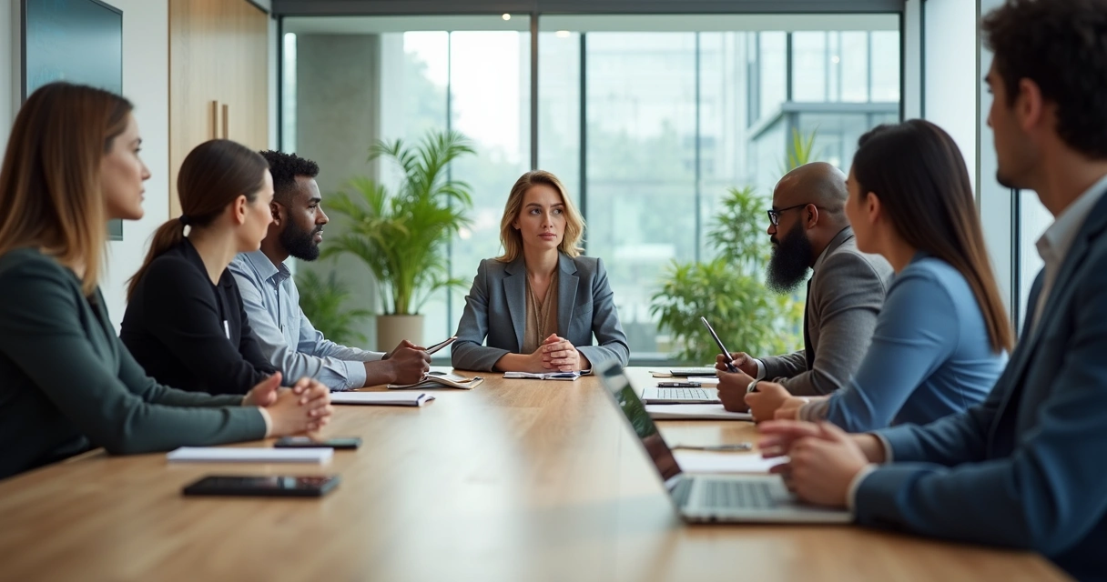 Equipe em reunião com escuta ativa e ambiente corporativo acolhedor 