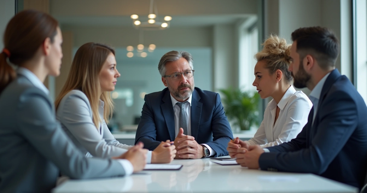 Equipe de trabalho em reunião, líder ouvindo atentamente um colega falar 