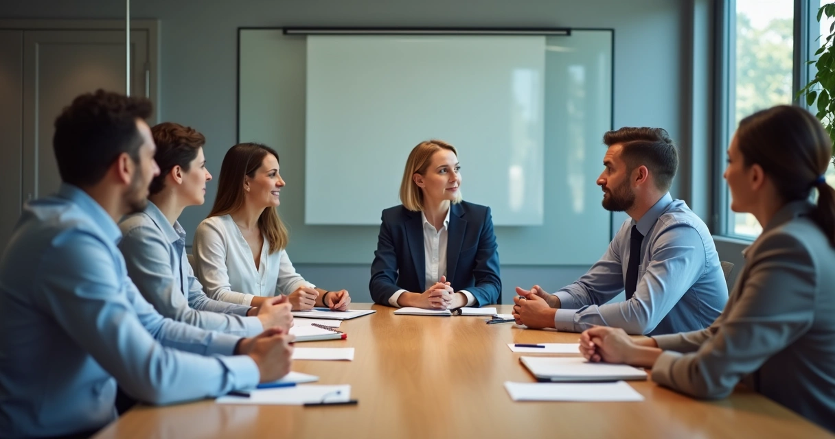 Equipe em reunião com escuta atenta e anotações 