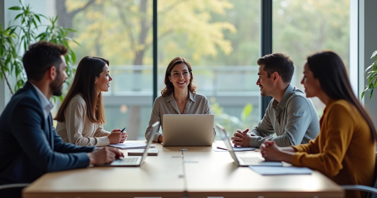 Equipe em reunião aplicando escuta ativa em ambiente corporativo moderno 