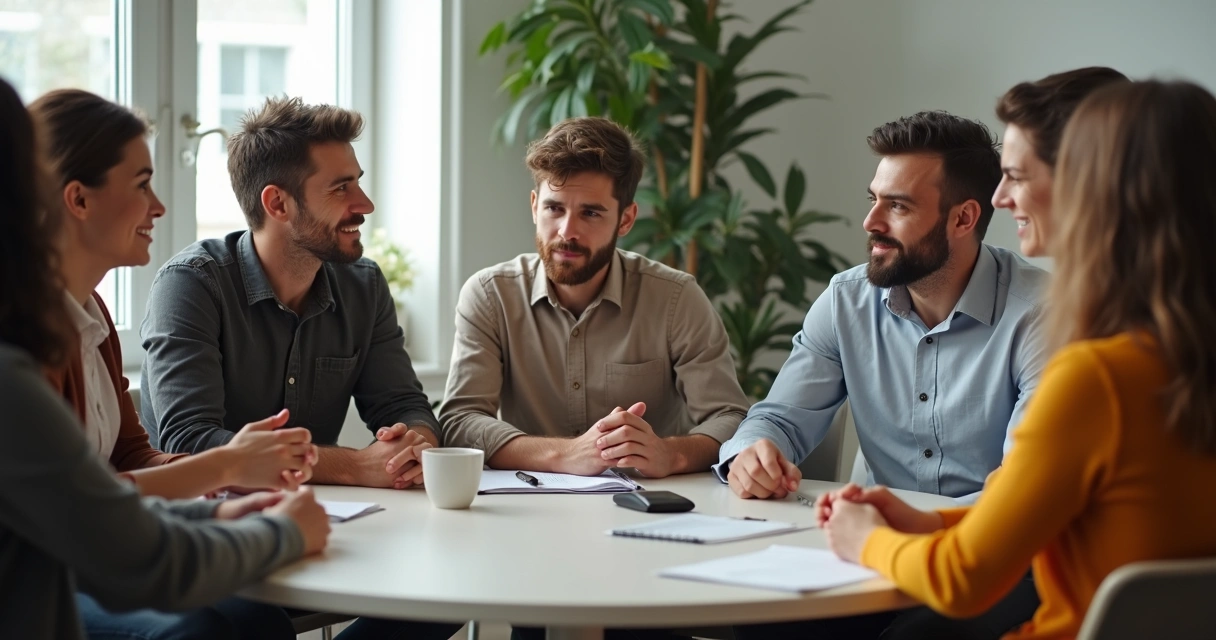 Grupo de pessoas sentadas em círculo praticando escuta ativa em reunião 