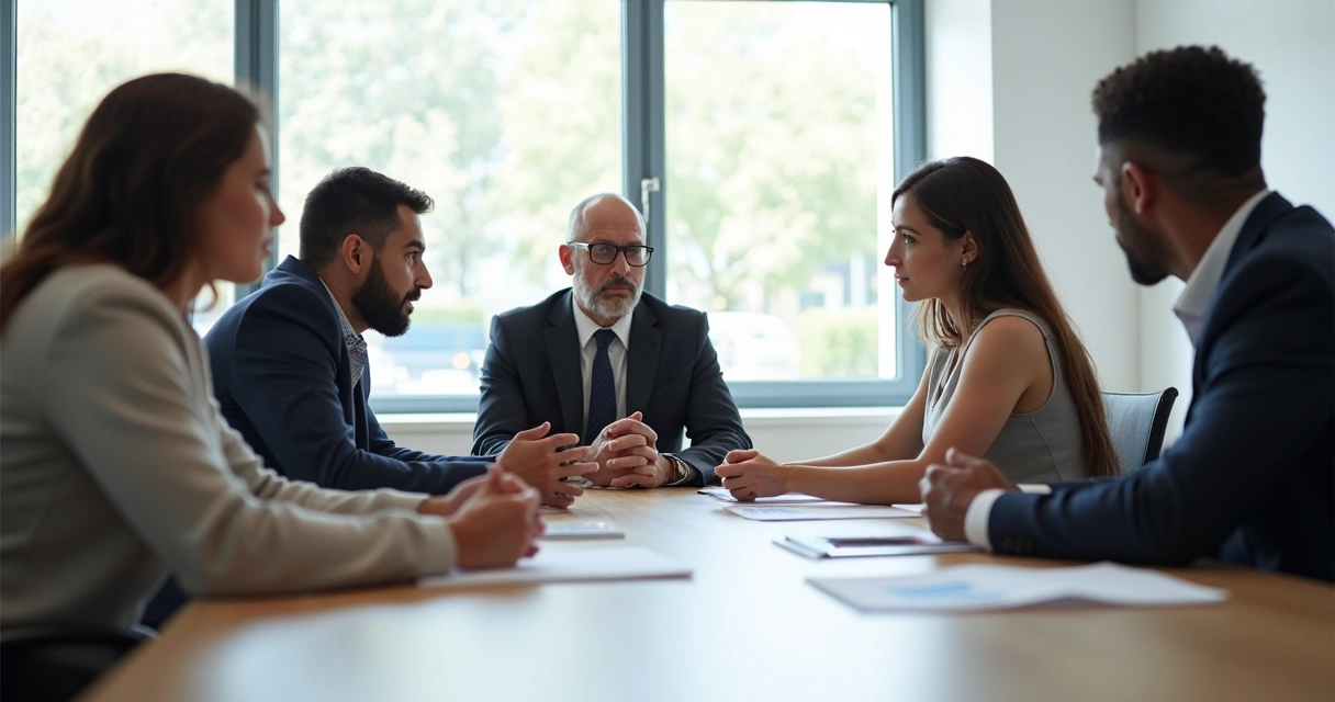 Grupo de pessoas ao redor de mesa em reunião, todos atentos a quem fala. 