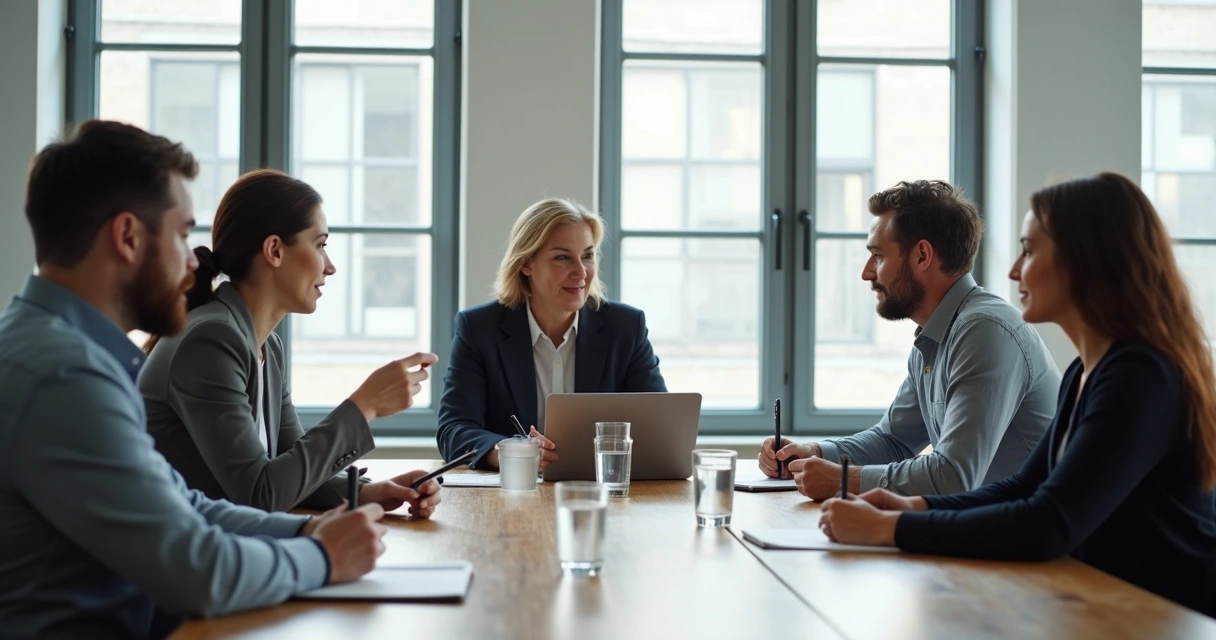 Equipe em reunião com escuta atenta e troca de ideias 