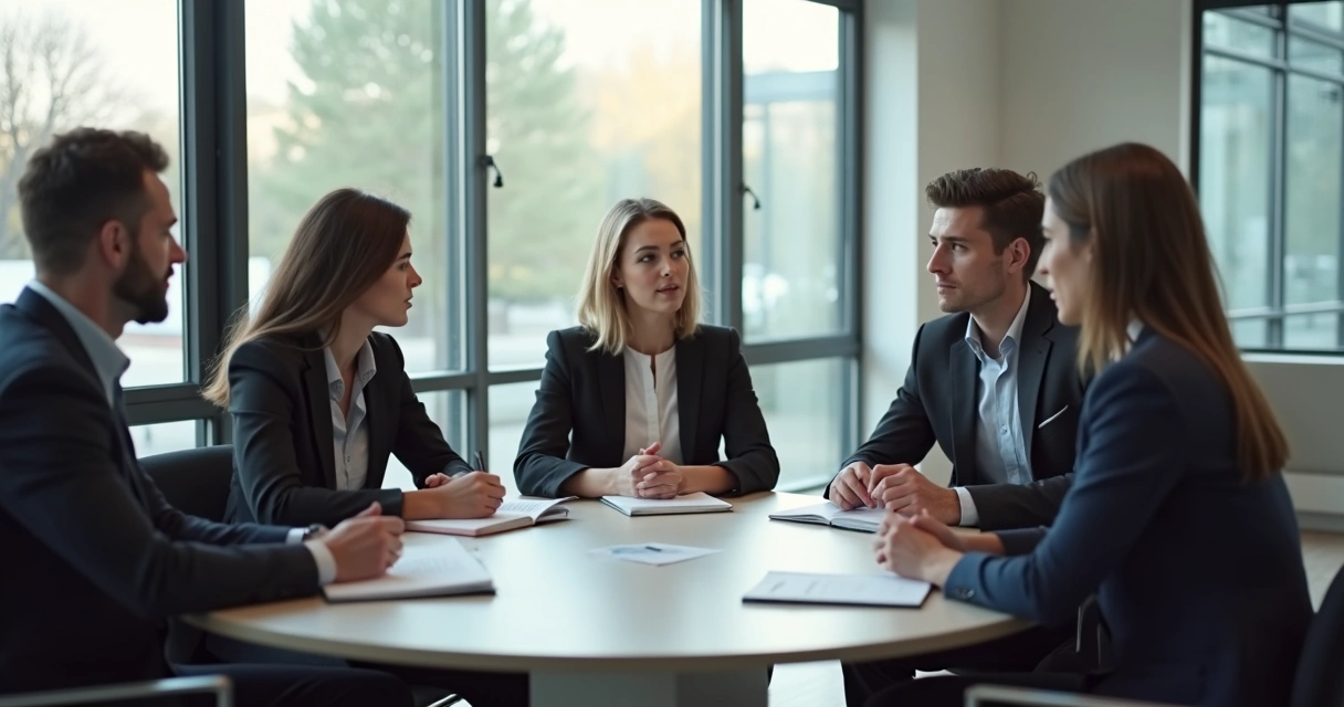 Equipe em reunião com escuta atenta e expressão de confiança 