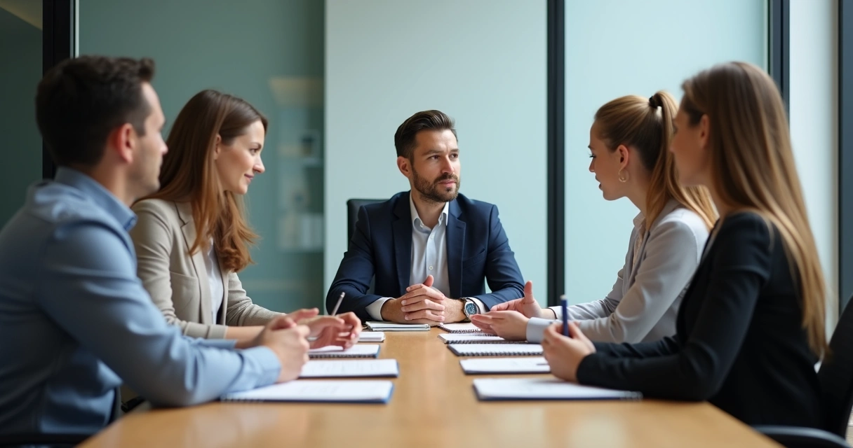 Equipe em reunião observando falas e linguagem corporal