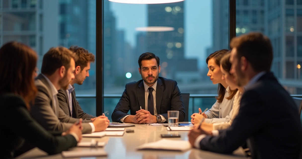 Equipe empresarial em reunião ouvindo atentamente colega durante crise organizacional.