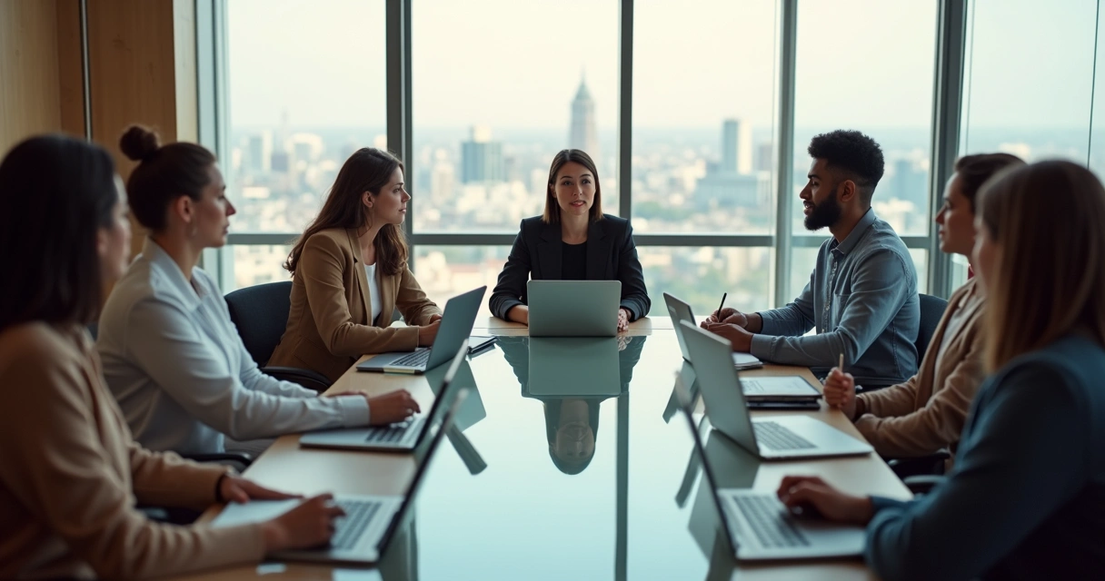 Equipe em reunião corporativa praticando escuta ativa em círculo 