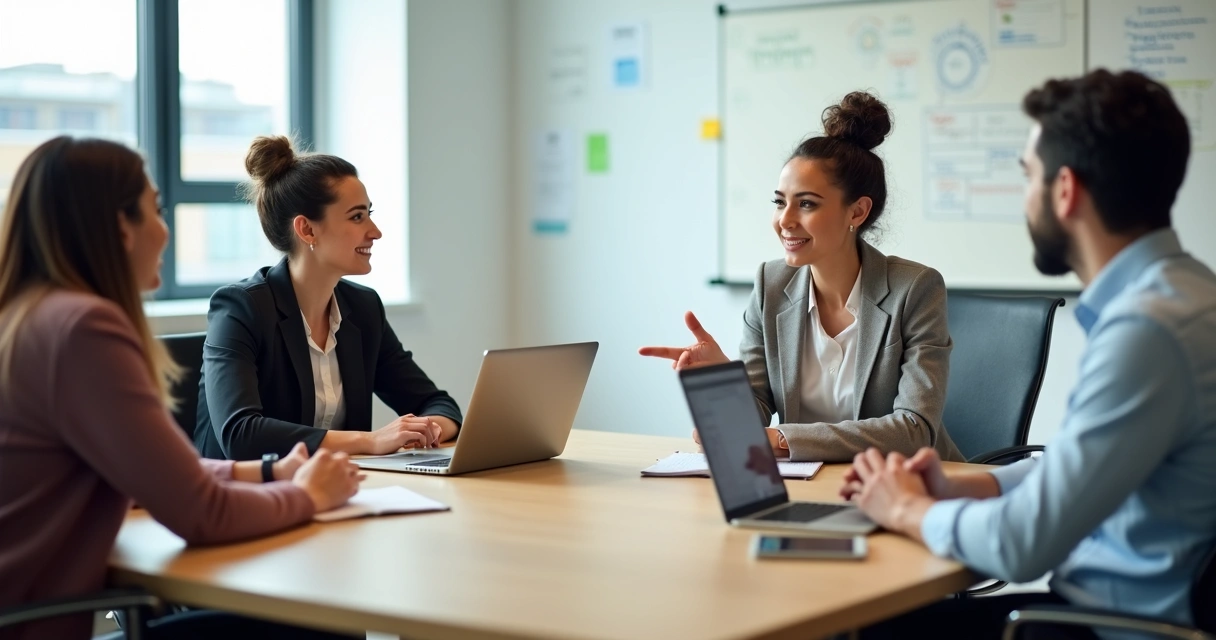 Equipe em reunião de trabalho praticando escuta ativa ao redor de uma mesa 