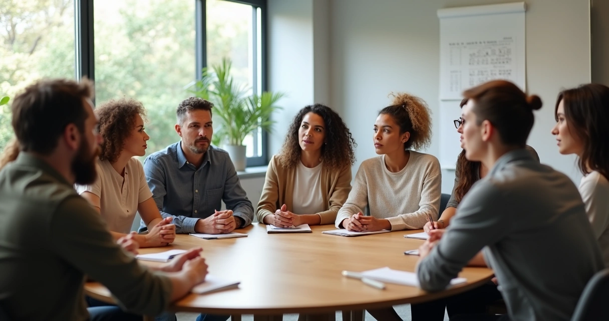 Grupo em reunião de trabalho praticando escuta ativa em círculo 