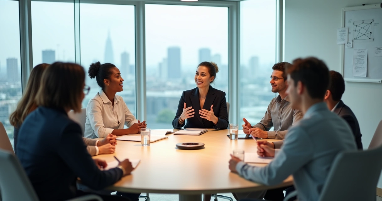 Grupo em reunião ao redor de mesa redonda praticando escuta ativa 