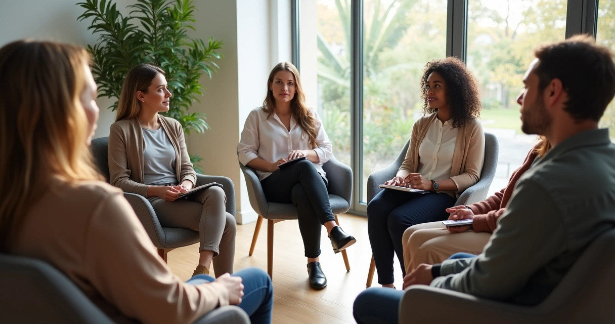 Grupo em reunião circular com escuta atenta e ambiente claro