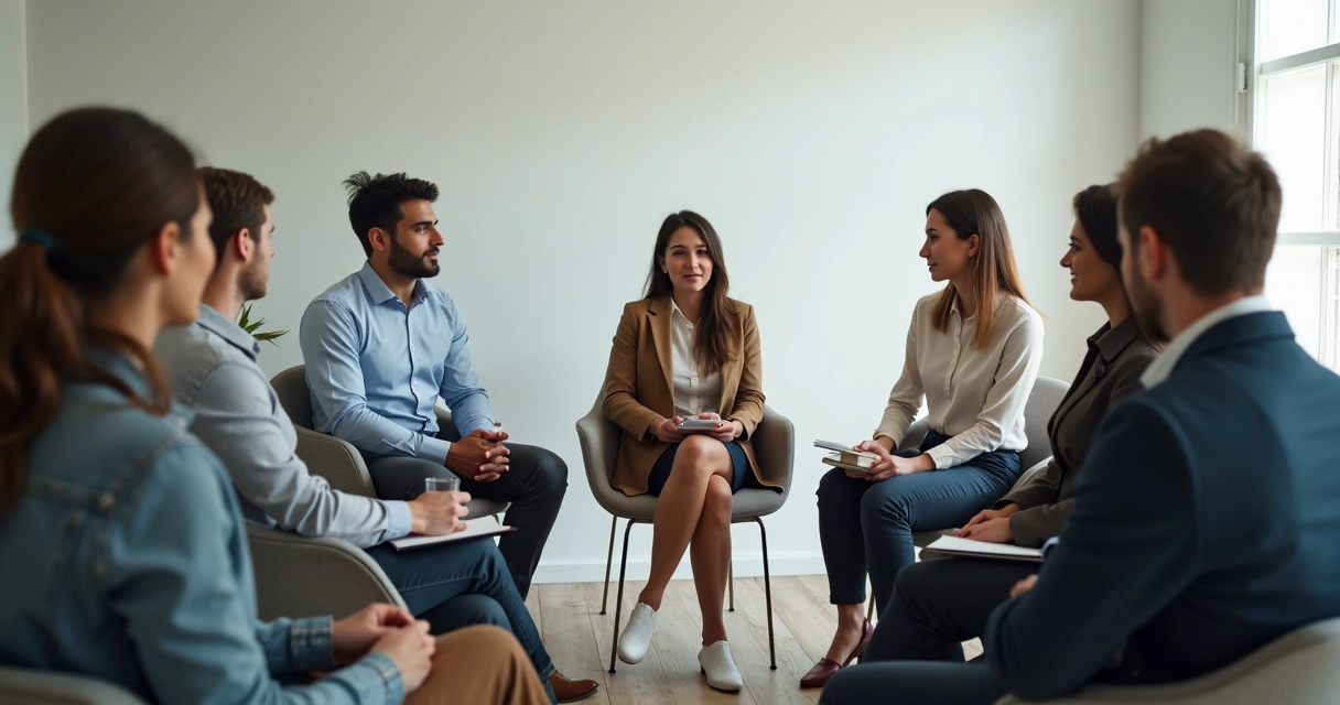 Pessoas em reunião circular com escuta atenta 
