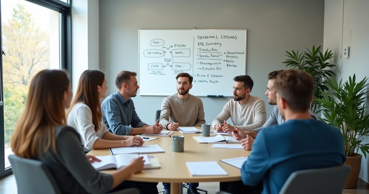 Grupo em reunião com escuta ativa e anotações visuais