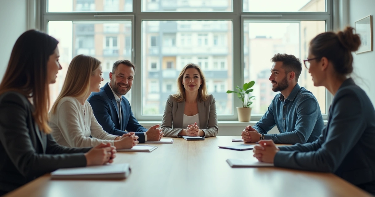 Pessoas em reunião com escuta atenta e diálogo equilibrado 