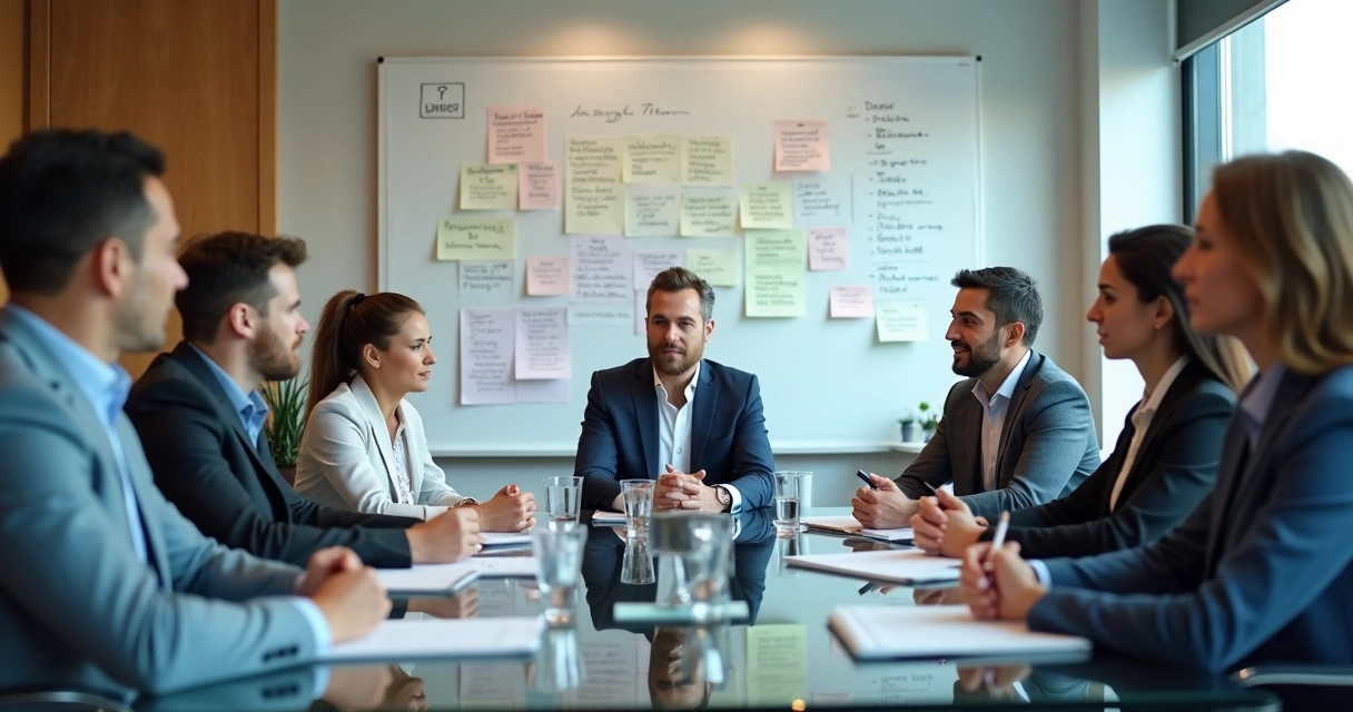 Equipe em reunião com escuta ativa e anotações visuais na parede