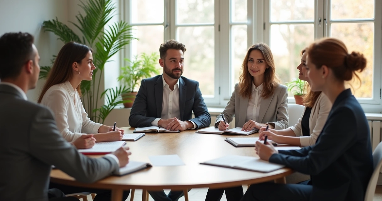 Equipe em reunião com escuta atenta e clima de confiança