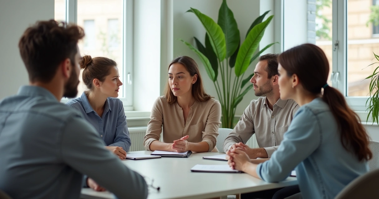 Grupo em reunião com escuta atenta e clima respeitoso 