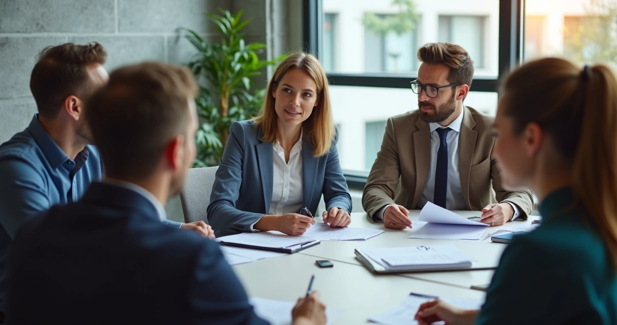 Equipe de escritório em reunião sentados em círculo, atentos, escutando um colega falar 