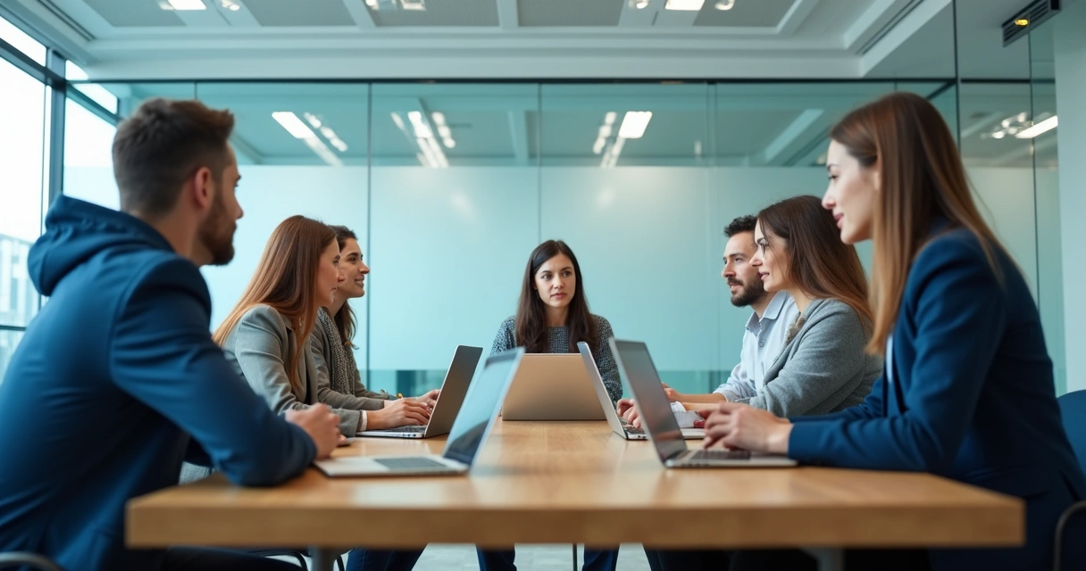 Equipe em reunião com escuta atenta e clima profissional 