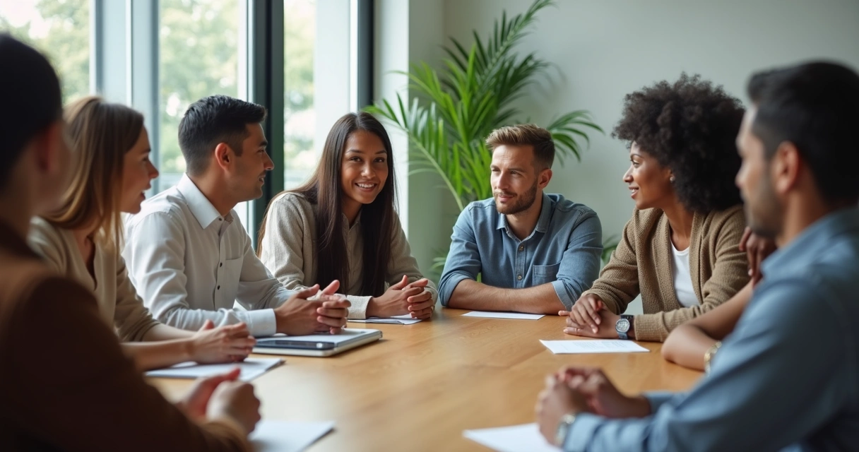 Grupo em reunião, praticando escuta ativa e empatia 