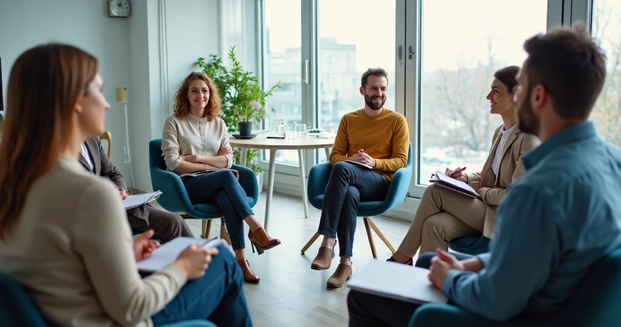 Grupo em reunião com escuta atenta e expressão emocional