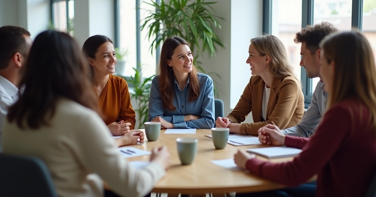 Equipe sentada em círculo escutando e dialogando com empatia 