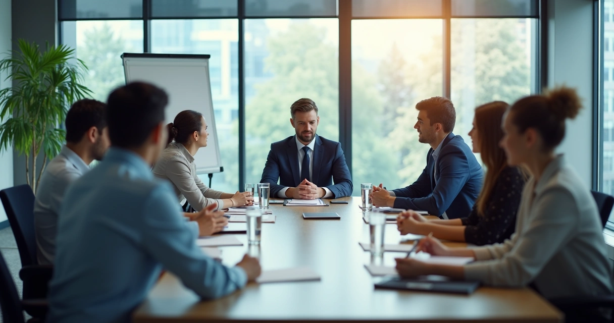Grupo em reunião ouvindo atentamente durante negociação 