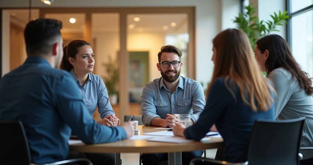 Equipe em reunião escutando atentamente, com linguagem corporal aberta e expressão de atenção. 