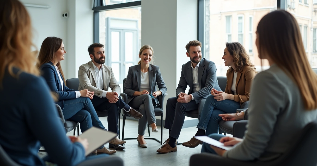 Colaboradores em círculo, ouvindo atentamente uns aos outros em sala de reunião 