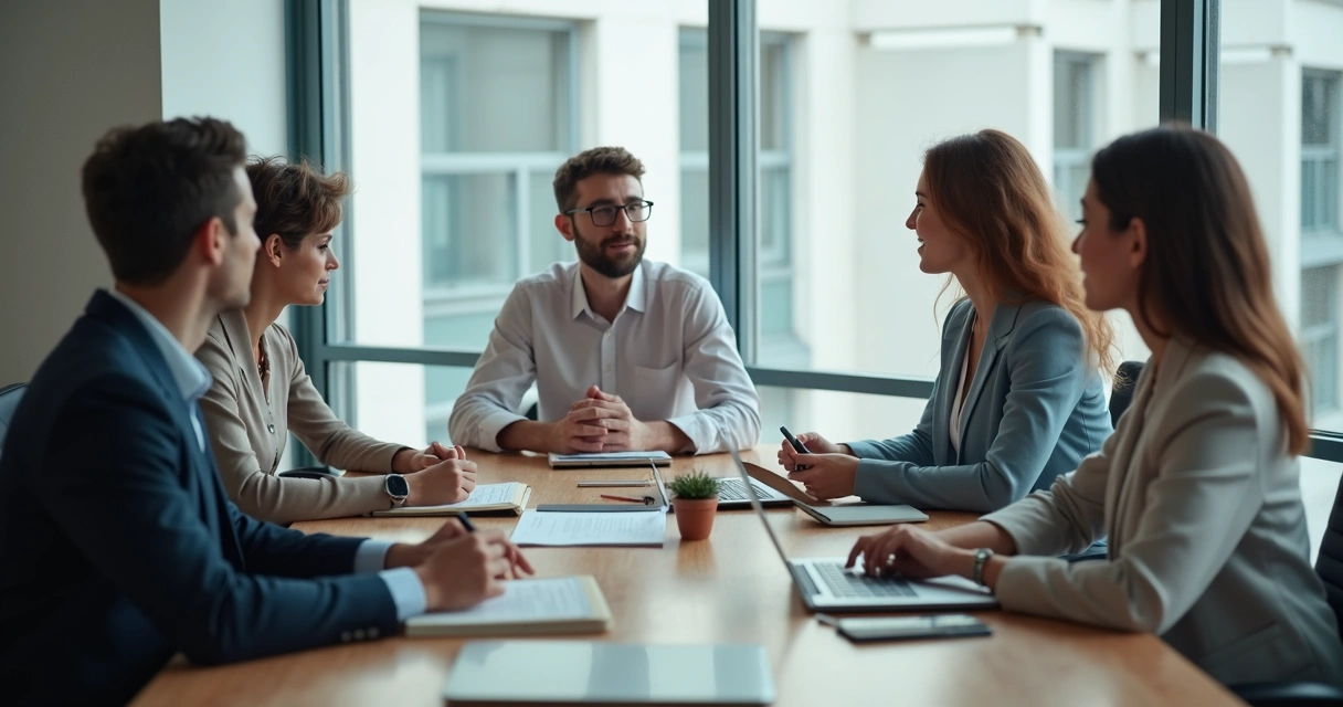Equipe reunida ouvindo propostas em mesa de trabalho