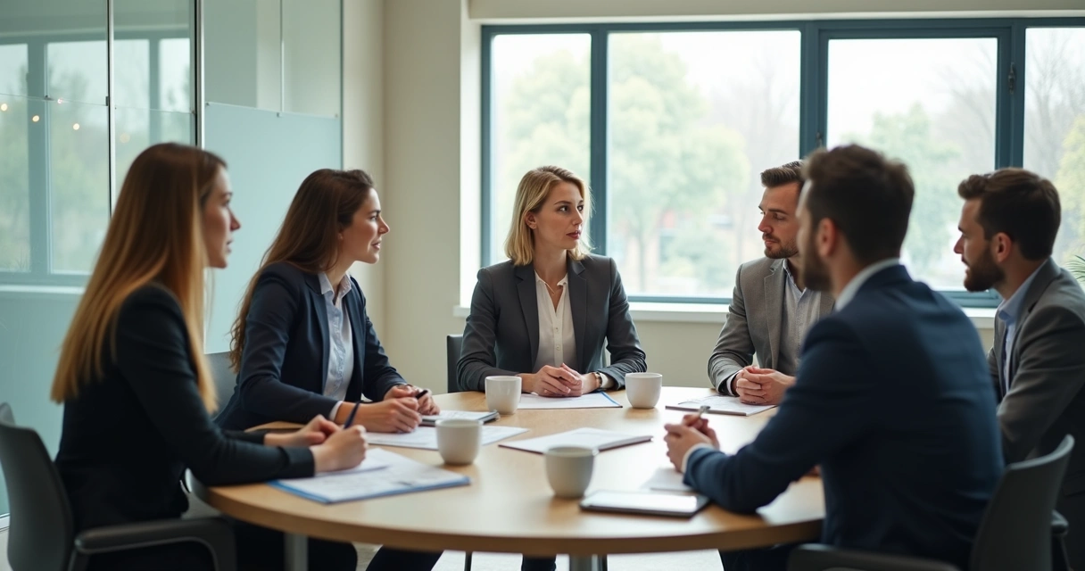 Equipe em reunião com escuta atenta e diálogo aberto 