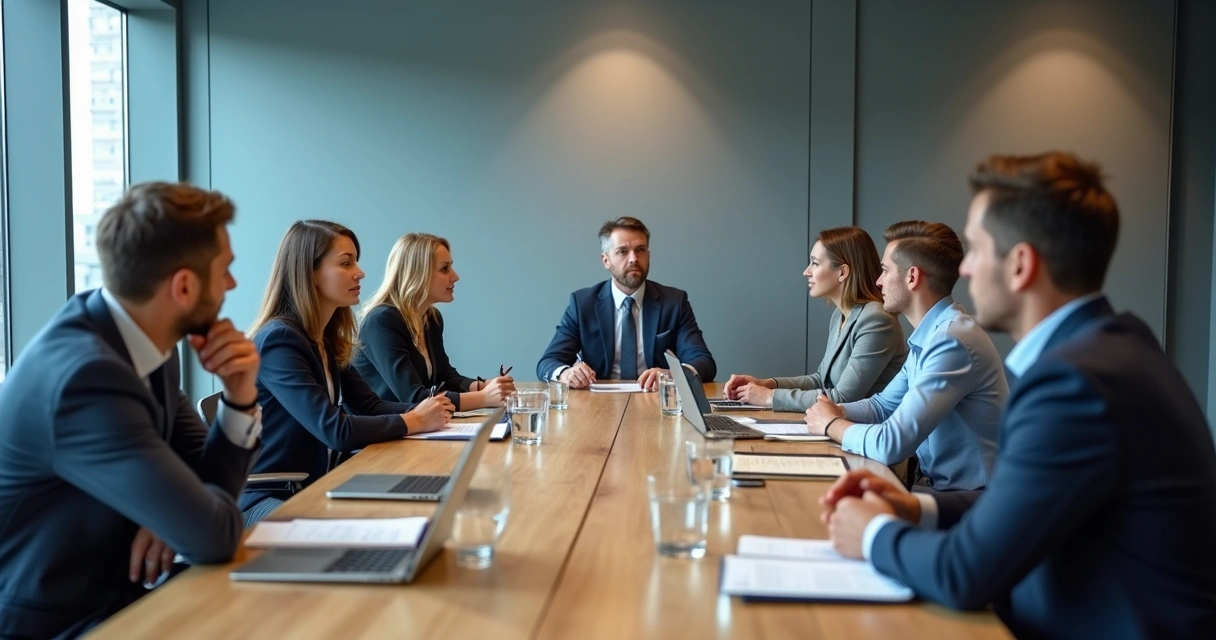 Equipe em reunião com escuta atenta e clima profissional