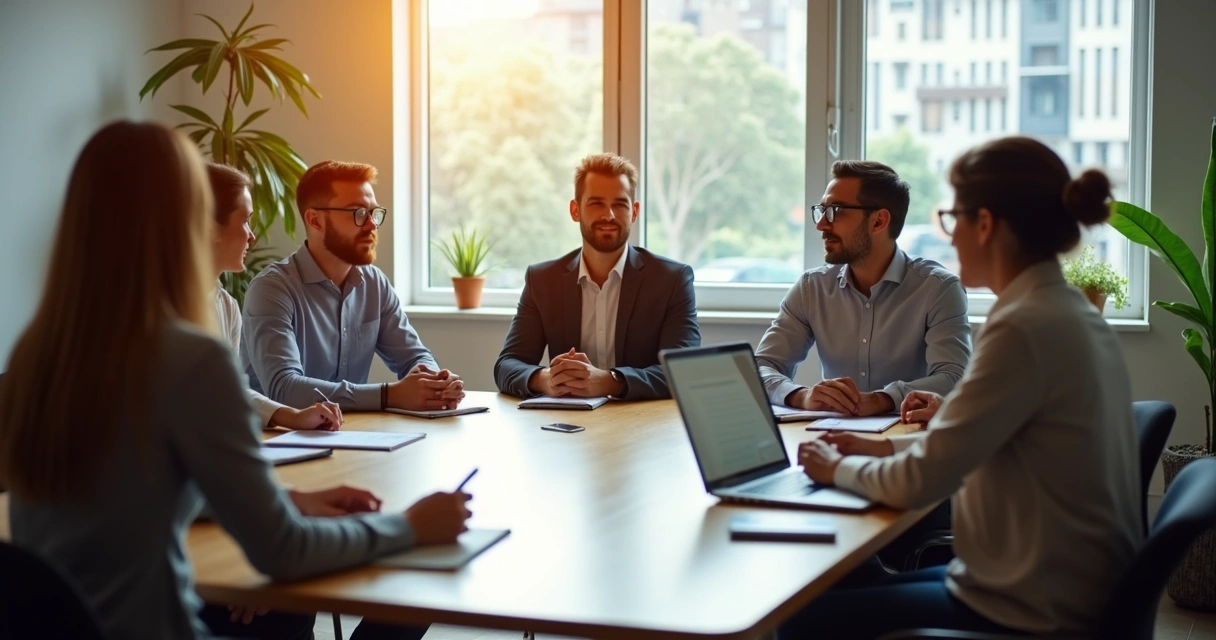 Reunião de equipe com escuta ativa e anotações em ambiente corporativo