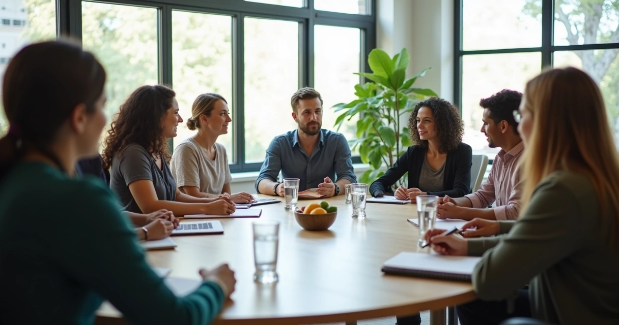 Equipe em reunião com escuta atenta e ambiente acolhedor 
