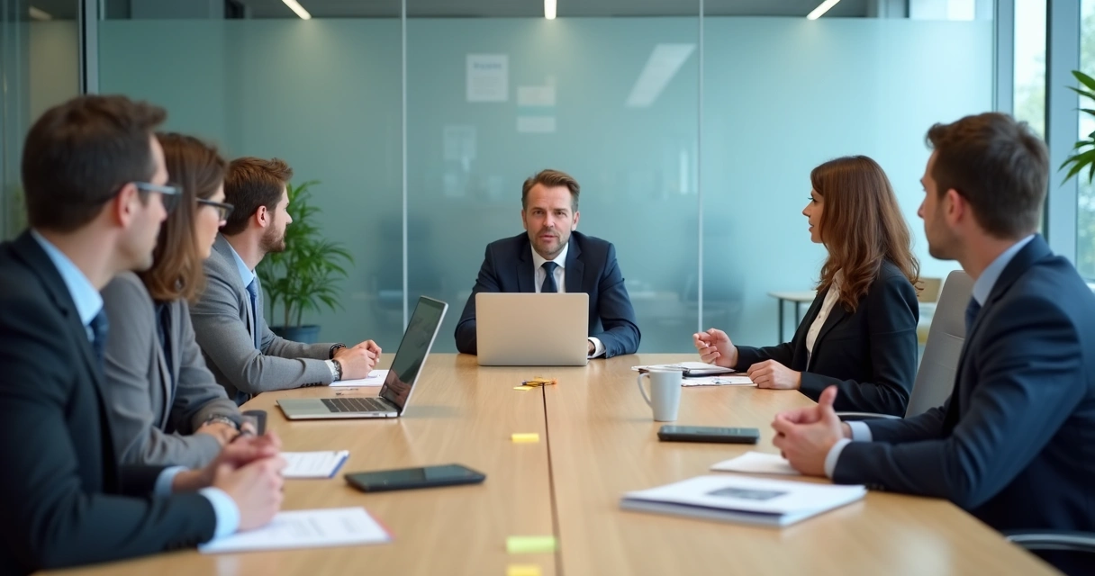 Equipe em reunião observando falas e anotações na mesa 