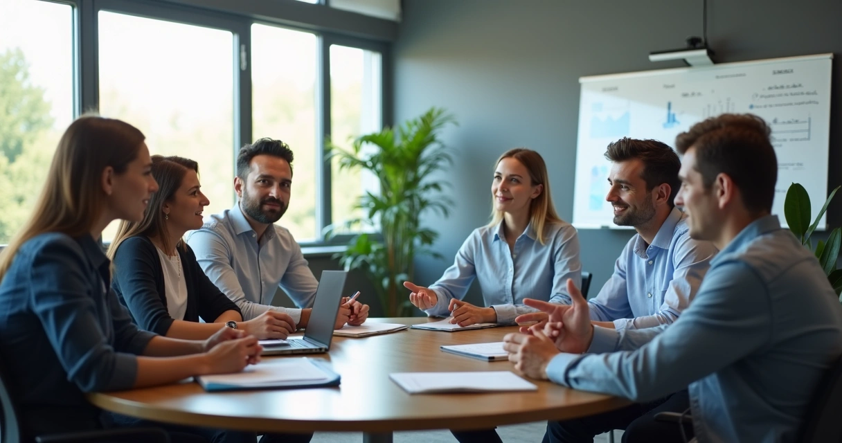 Equipe em reunião com escuta ativa e troca de ideias 
