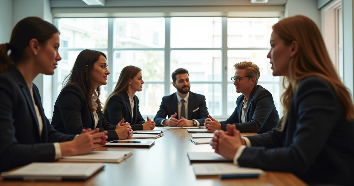 Equipe em reunião com escuta atenta e clima de confiança
