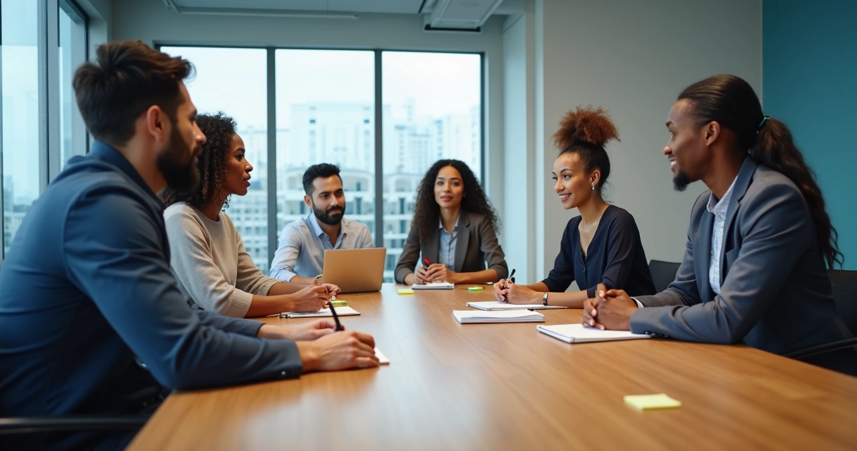 Equipe em reunião com escuta ativa e troca de ideias 