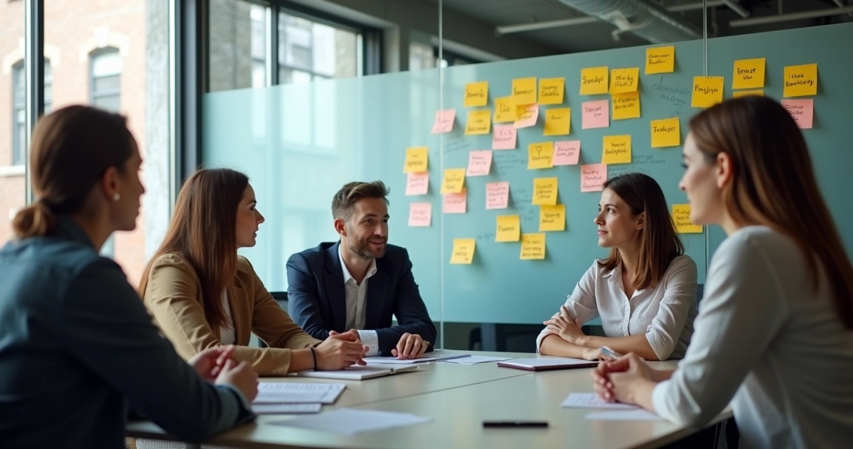 Equipe em reunião com quadro de avaliação humana