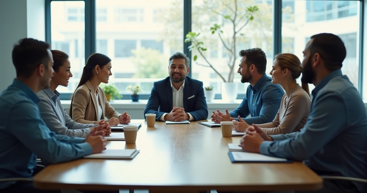 Equipe reunida em conversa atenta no escritório